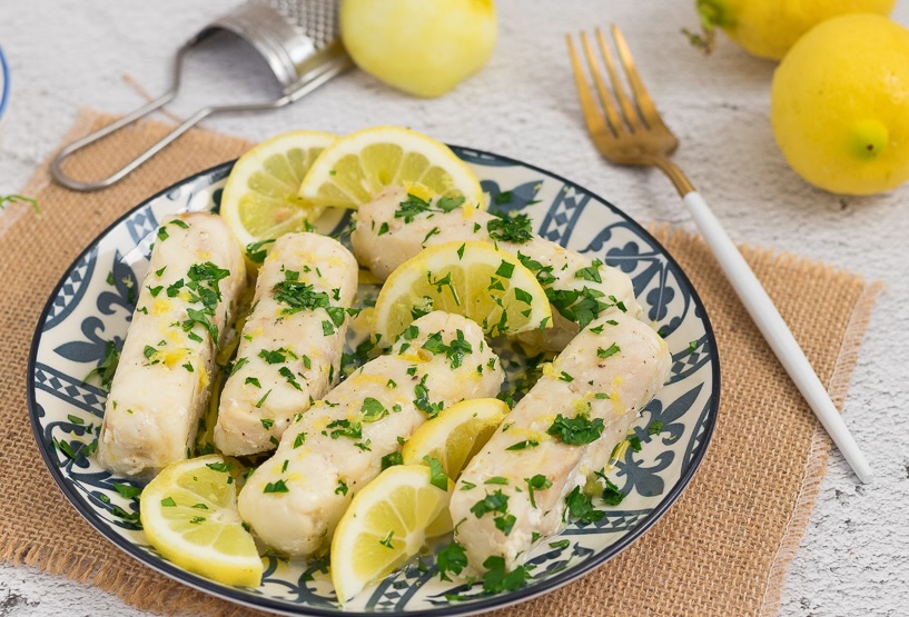 “Bocconcini di merluzzo al limone, olive e Falanghina Flegrea”